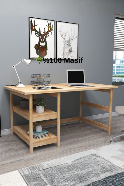 WOODFACE Masif Ahşap Çalışma Masası 116x55 Doğal Ahşap 2 Bölüm Özel Tasarım U...