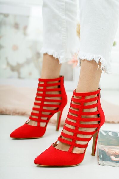 Ayakkabı Ateşi Червени дамски обувки с остри върхове и високи токчета от велу...