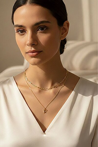 Larius Jewelry Altın Kaplama İkili Zincir Harf Kolye , Kişiye Özel Hediye Kolye