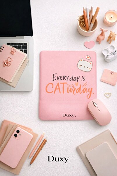 Duxy Kedi Desenli Bilek Destekli Mouse Pad, Kaymaz Taban, Ev Ofis ve Oyun içi...