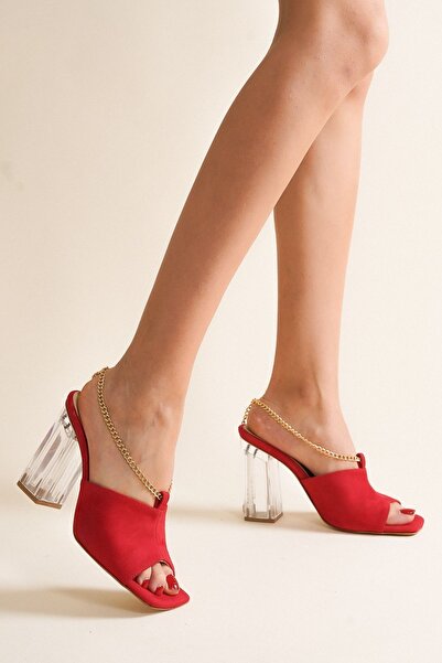 Ayakkabı Ateşi Piros velúr láncdíszítésű, átlátszó női sarkú papucs Tuna