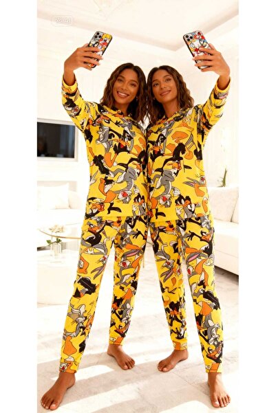 NiCe İç Giyim Looney Tunes Print Character Yellow Women's Hooded Pajama Set S...