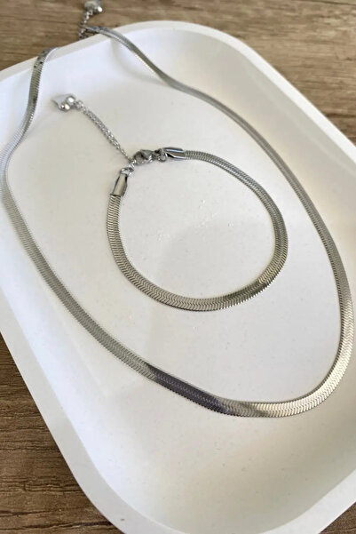 MAVEGA Yassı Ezme İtalyan Zincir Kolye Bileklik Set | Kararmaz Çelik, Gümüş R...