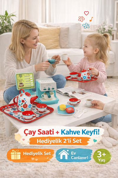 cayenna Evcilik 2’li Set 15 Parça Çiçekli Metal Çay Seti & Işıklı-Sesli Kahve...