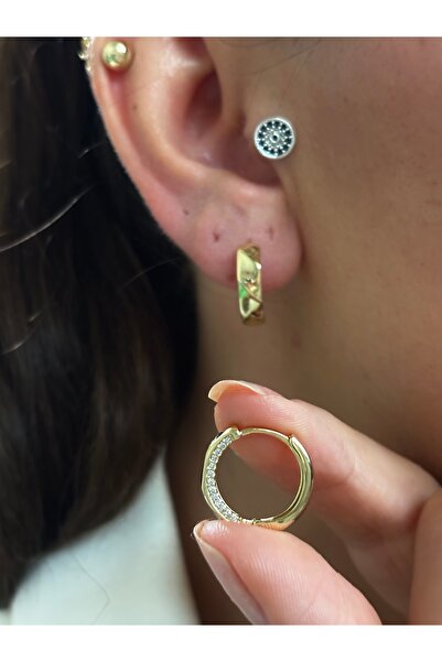 Butik XUping 14K Zarif Yanları Taşlı Halka Küpe