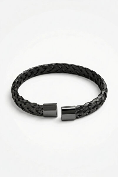 HERİF Aksesuar Erkek Klasik Örgü Kelepçe Çelik Bileklik - Siyah Renk
