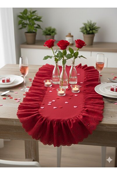 NURGİTA HOME Fırfırlı Fistolu Kırmızı Duck Keten Runner &Yılbaşı Dekoratif ör...