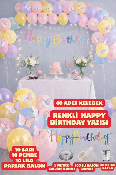 Baloncu Nene Butterfly Metallic Shiny Balloon Set Colorful Happy Birthday Wri...