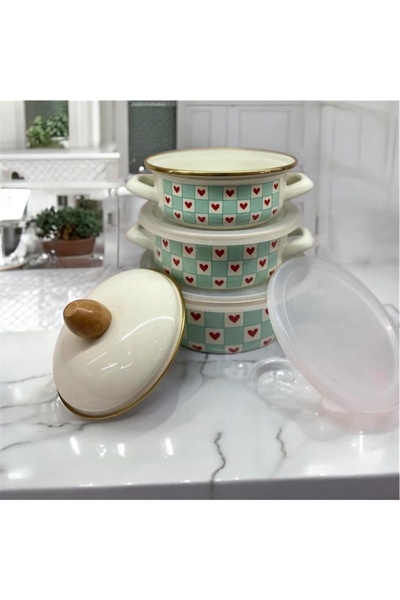 ALEV EMAYE Love Seri 3 Lü Emaye Pişir & Sakla Tenceresi – Çift Kapaklı | 9 parça