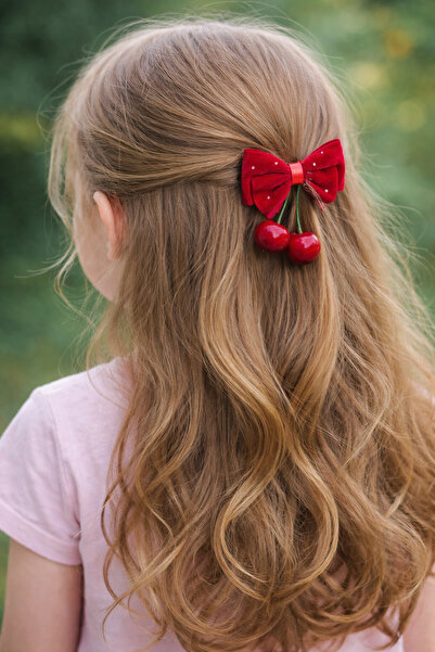 FASHION مشبك جانبي على شكل كرز مع شريط مخملي مزدوج