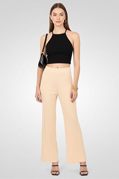 Maje Women Regular Fit Textured Wide Leg Pants, Peach