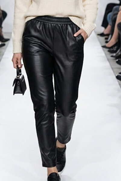 Hb Harma Time Butik Women's Black Elastic Waist Leather Trousers