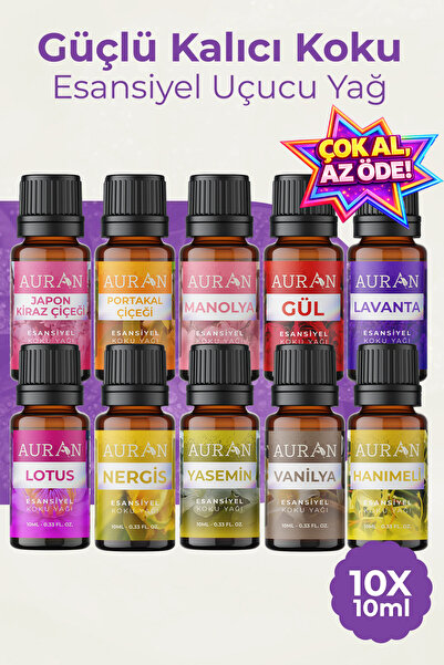 AURAN Çiçekler 10'lu Set Saf Esansiyel Uçucu Yağ Buhurdanlık Yağı Difüzör Esa...