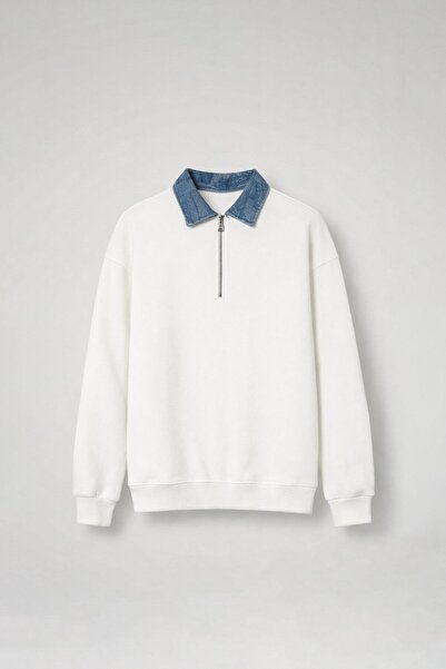 ablukaonline سويت شيرت رجالي من قماش الدنيم بياقة بولو ونصف سحاب قصة فضفاضة ب...