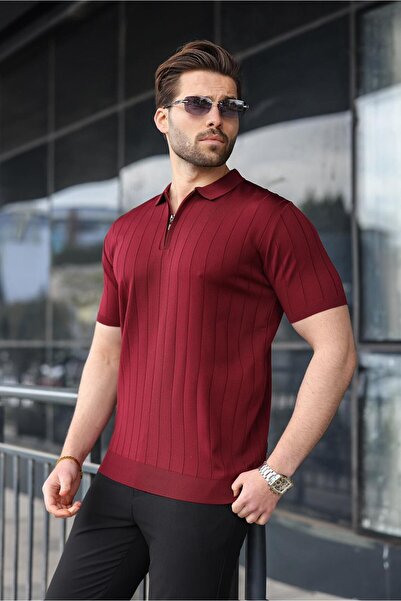 Madmext Claret Red Polo Neck Zippered Men's T-Shirt E7298