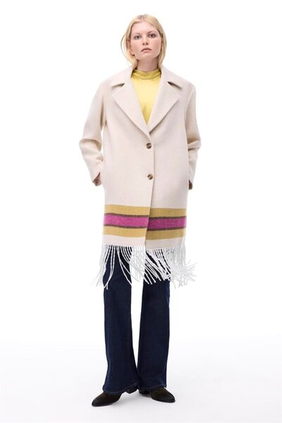 Perspective Pleasant Comfortable Fit Knee Length Jacket Collar Beige Color Wo...