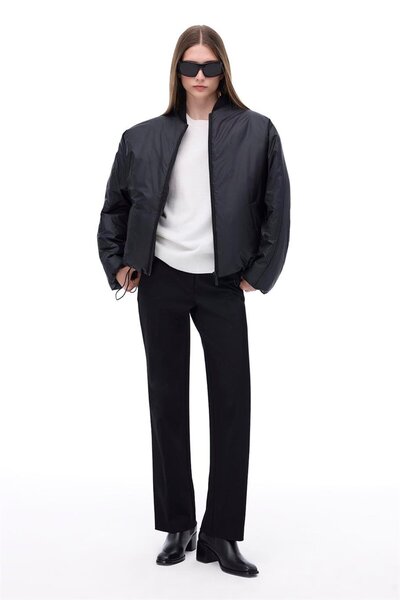 Perspective Awans Comfortable Fit Standard Size Low Sleeve Crew Neck Black Coat