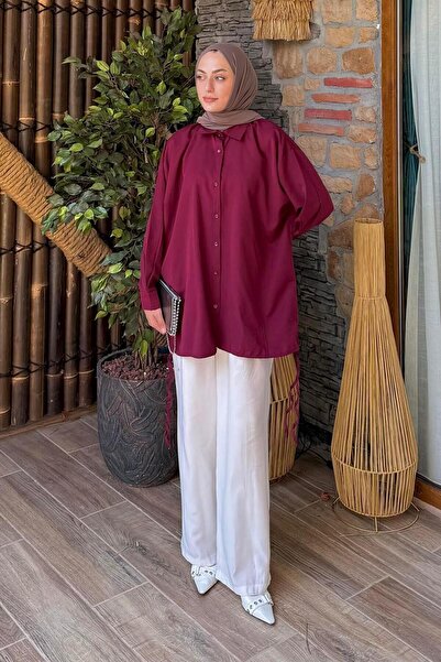 lamelif Oversize Gömlek Bordo