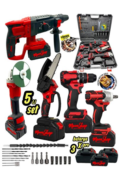 MOONSHOP Profesyonel Şarjlı Darbeli 5'li Set 2-26 Hilti 125mm Taşlama 13mm Ma...
