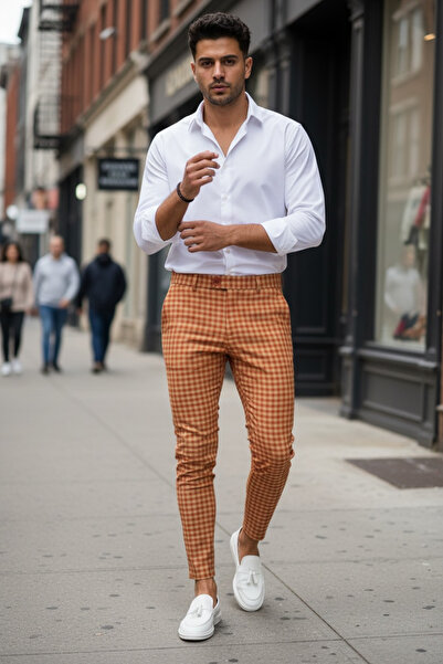 dehaine Men's casual pants, plaid, slim fit, Orange, b1880