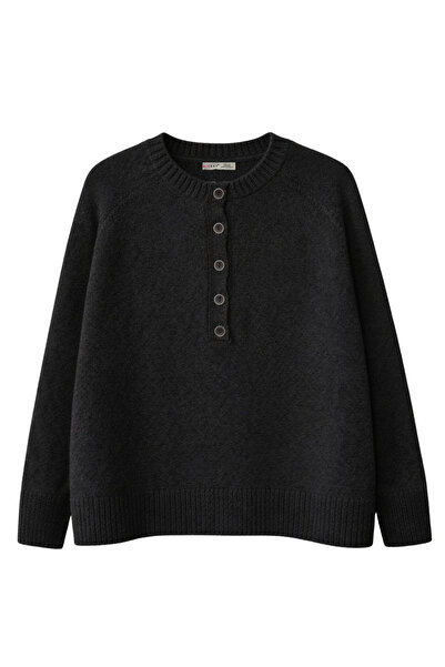 Mixray 7004 Pulover de tricotat pentru femei, cu nasturi, basic negru