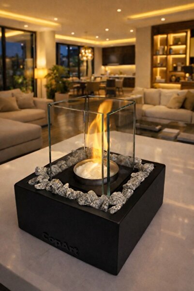 CopArt Quadrata Siyah Masaüstü Beton Şömine - 1 Lt Bioetanol Yakıt ve Dekorat...