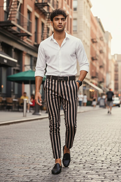 dehaine Men's casual pants, striped, slim fit, Black, B1883