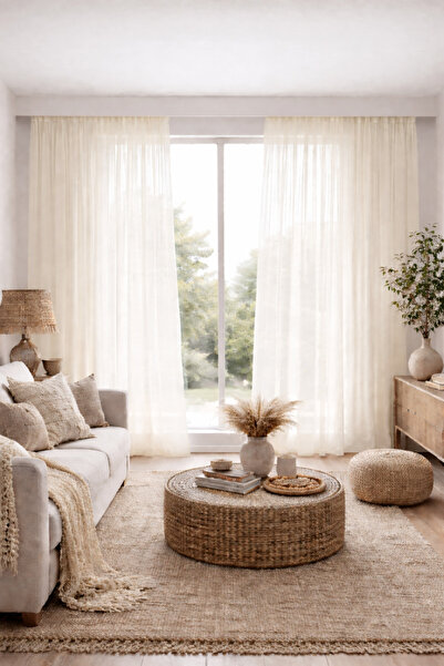 GOCCIA HOME Mikro İpek Vual Pilesiz Düz Tül Perde Krem