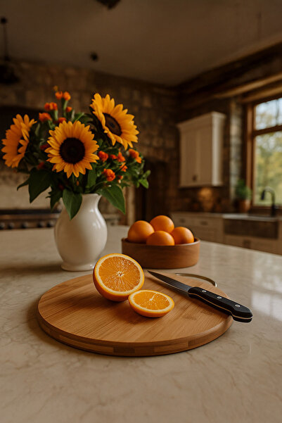 E MODA لوح تقطيع دائري من الخيزران مقاس 30x30 سم - متوسط الحجم، متين ومزود بمقبض