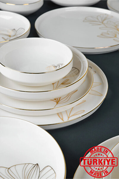Kütahya Porselen طقم أواني طعام بورسلين مطلي بالذهب لـ 6 أشخاص 24 قطعة