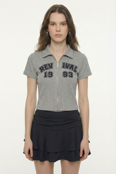 Quzu Zippered Printed Polo Neck T-Shirt Grimelange