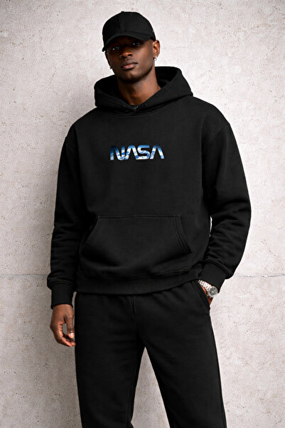 CLAYES Men's Black Nasa Printed Hooded Tracksuit Set – Sweatshirt Jogger Bott...