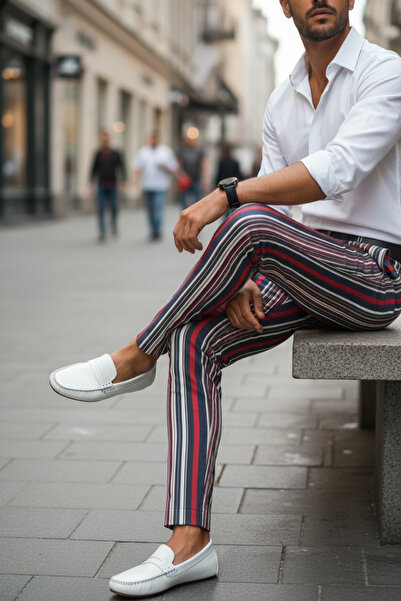 dehaine Pantaloni casual pentru barbati, in dungi, slim fit, Bleumarin, B1907