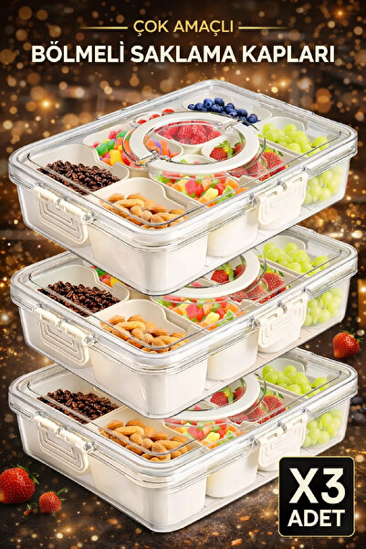 Berdina Home 3lü Kilit Kapaklı 8 Bölmeli Taşınabilir Saklama Kabı Kahvaltılık...