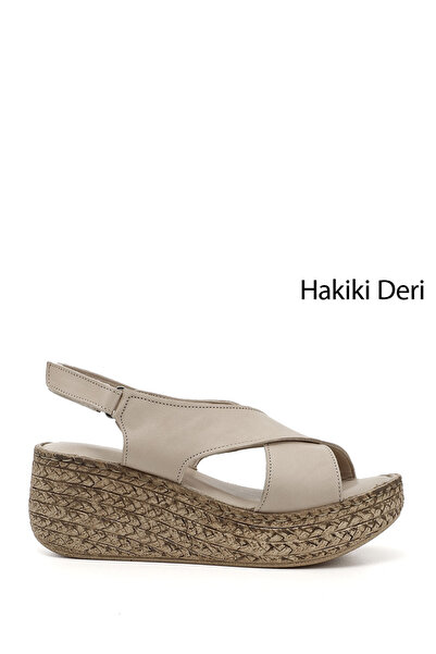 GÖNDERİ(R) Women's Beige Antique Velcro Strap Wedge Heel Genuine Leather Sandals