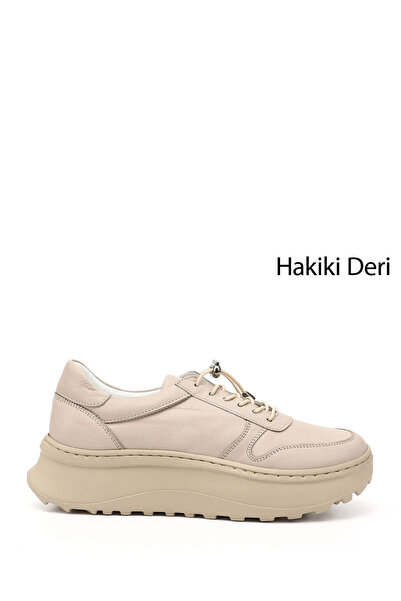 GÖNDERİ(R) Γυναικείο μπεζ λαστιχένιο παπούτσι με κορδόνια Comfort από γνήσιο ...