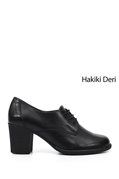 GÖNDERİ(R) Women's Black Lace-Up Medium Thick Heeled Genuine Leather Oxford S...