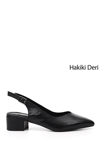 GÖNDERİ(R) Women's Black Thick Heeled Open Back Genuine Leather Shoes
