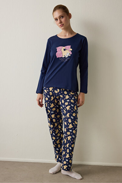 Penti Indigo Sleepy Cat Crew Neck Cotton Long Sleeve Pajama Set