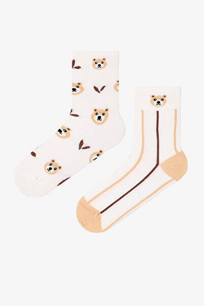 Penti 2 Pairs Cotton Bear Patterned Striped Socks