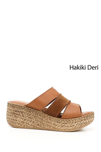 GÖNDERİ(R) Women's Tan Antique Genuine Leather Wedge Sole Slippers