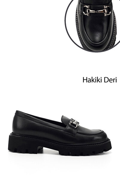 GÖNDERİ(R) Kadın Siyah Kalın Topuklu Tokalı Hakiki Deri Loafer Ayakkabı