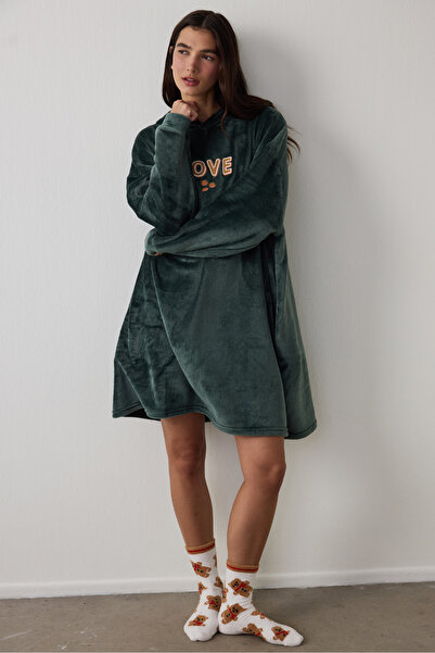 Penti Dark Green Love Fluffy Embroidered Slogan Hooded Thermal Effect Dressin...