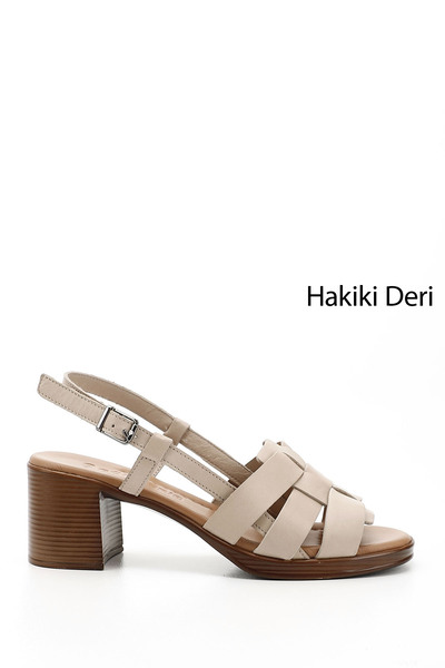 GÖNDERİ(R) Kadın Bej Antik Örgü Bantlı Kalın Topuklu Hakiki Deri Sandalet