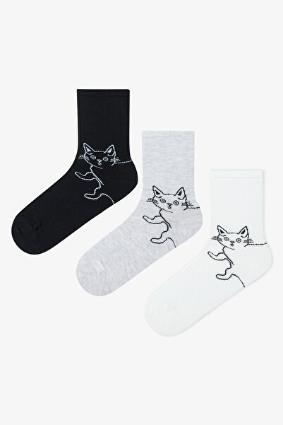 Penti 3 Çift Pamuklu Kedi Desenli Soket Çorap