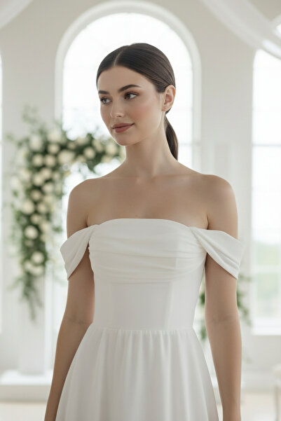 ENDAMIM drapat Rochie din șifon cu mâneci scurte pentru nuntă și fotografii î...