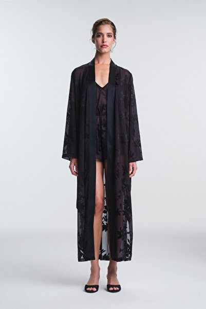 Penti Black Amara Floral Patterned Long Sleeve Dressing Gown