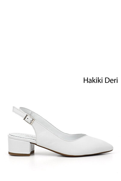 GÖNDERİ(R) Women's White Antique Thick Heeled Open Back Genuine Leather Shoes