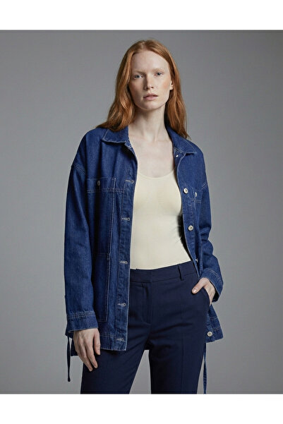 Ceyda Nur Örkcü سترة نسائية من الدنيم بأربطة على الجانبين وقصيرة من الأمام وط...