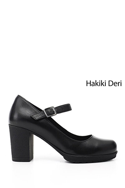 GÖNDERİ(R) Women's Black Thick Heeled Mary Jane Genuine Leather Shoes